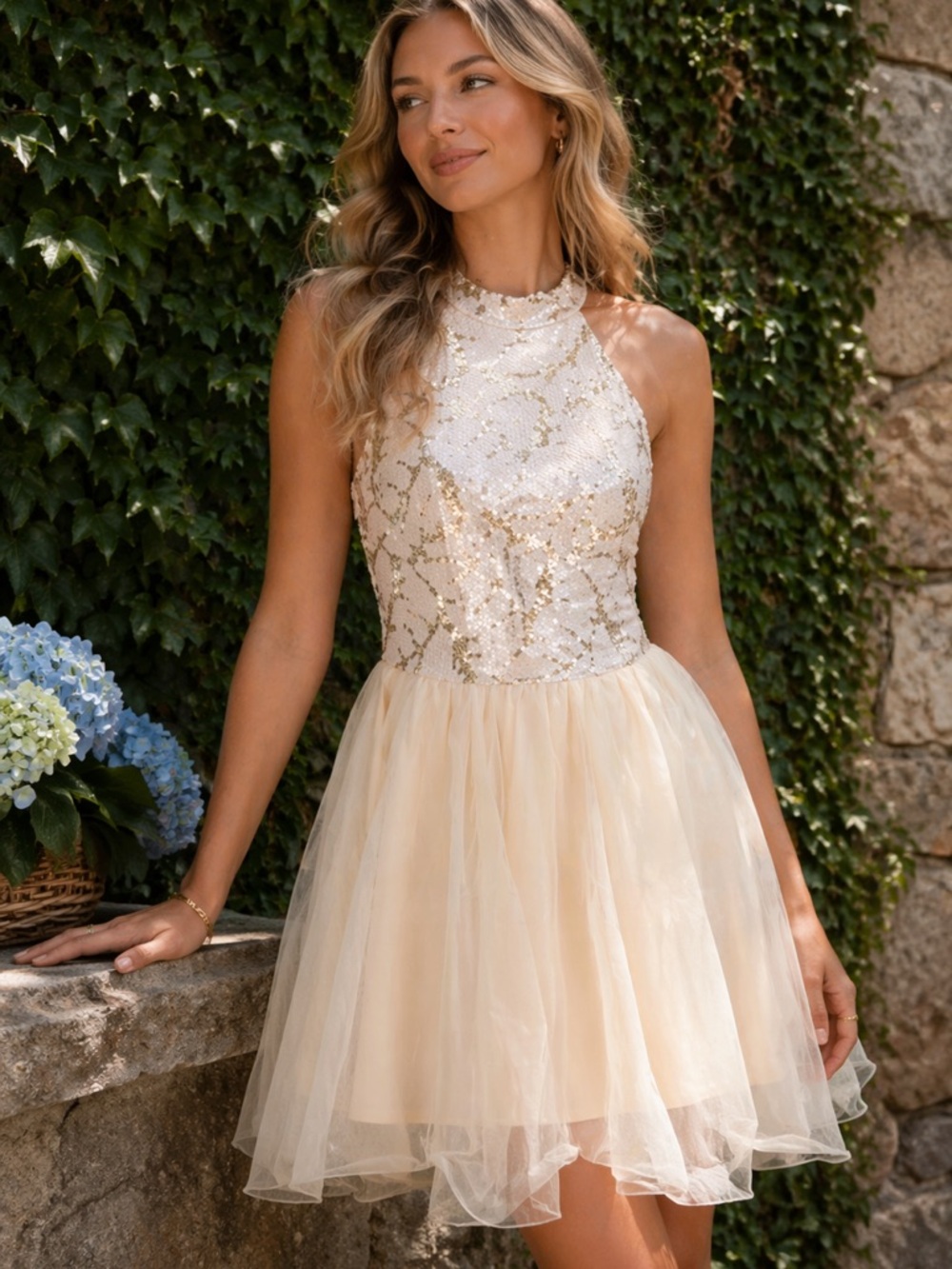 ENTRY French Vanilla Sequined Tulle Dress, Juniors Large/Women's Small